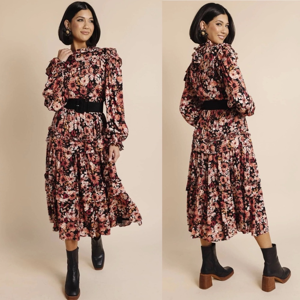 Rachel Parcell Women’s Tiered Black Pink Floral Midi Dress Poet Sleeves Size 0